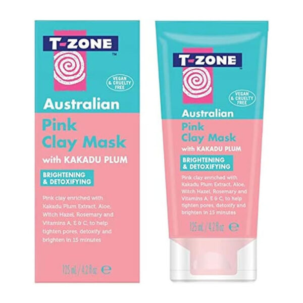 T Zone Pink Clay Mask is enriched with Vitamin C, hydrating Aloe, soothing Witch Hazel, skin clearing Rosemary, and Vitamins A & E, to help tighten pores.